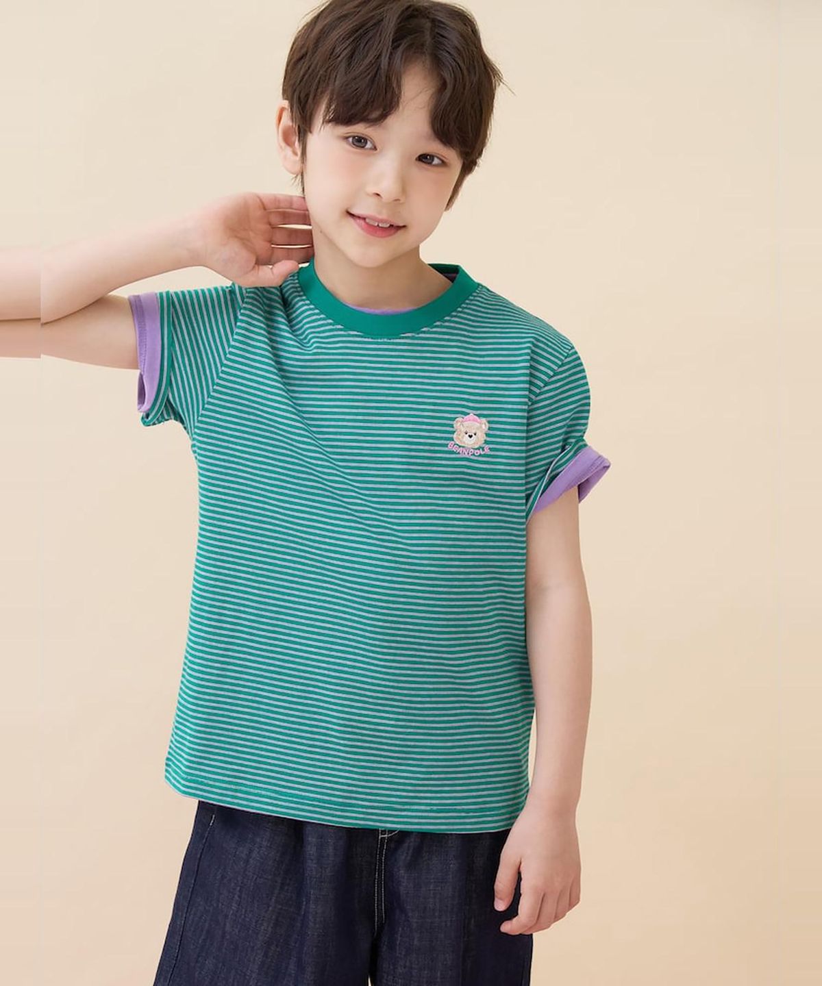 빈폴 키즈(BEANPOLE KIDS) [Essential] 달이 포인트 멀티 스트라이프 티셔츠  그린 (BI6342GE1M)