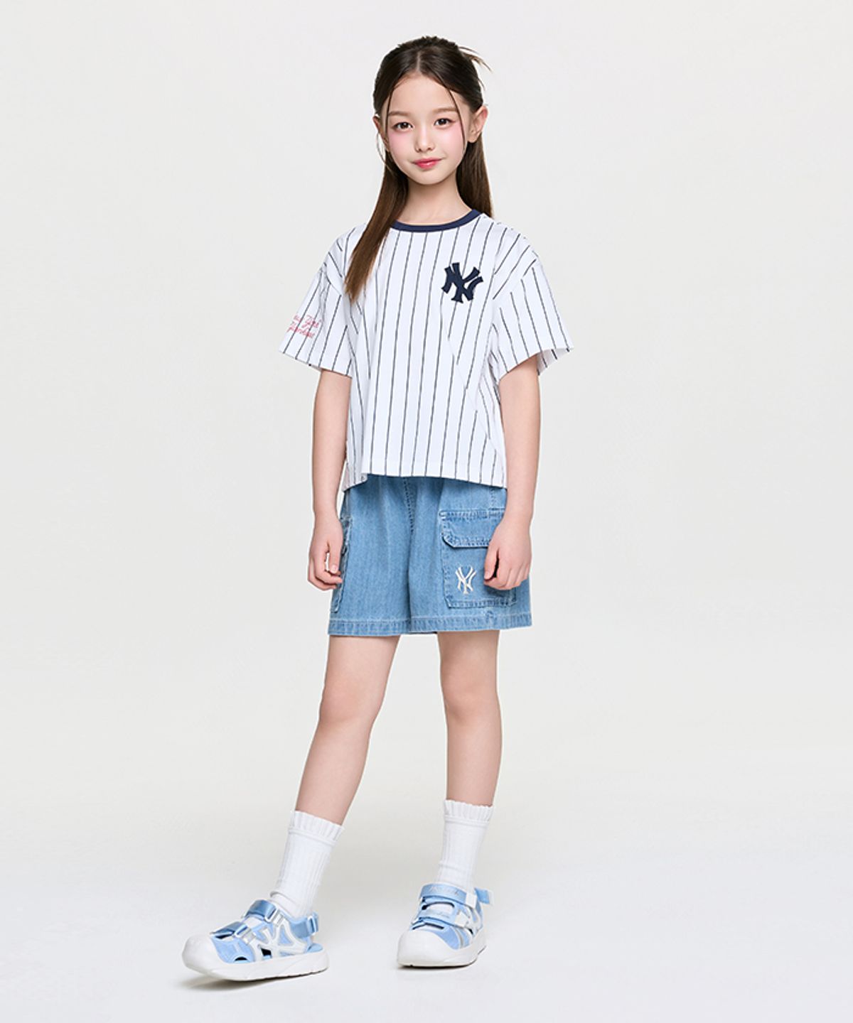 엠엘비 키즈(MLB KIDS) 스트릿 베이직 스트라이프 데님 티셔츠세트(여아) NY (L.Blue)