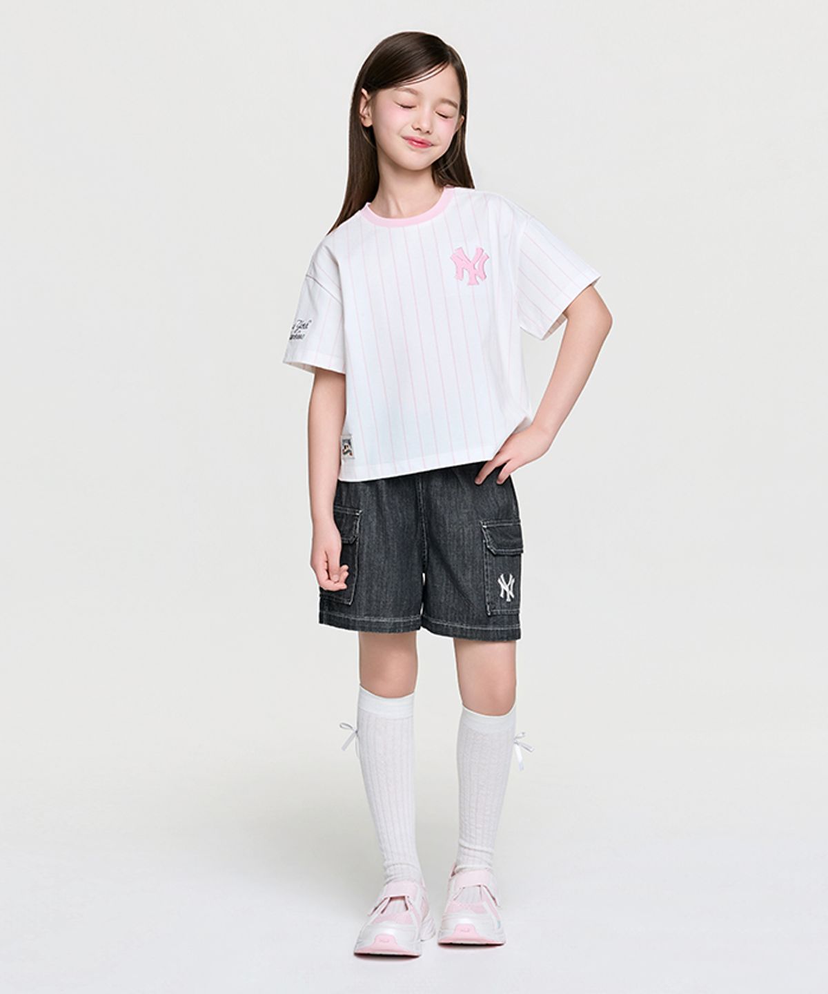 엠엘비 키즈(MLB KIDS) 스트릿 베이직 스트라이프 데님 티셔츠세트(여아) NY (L.Grey)