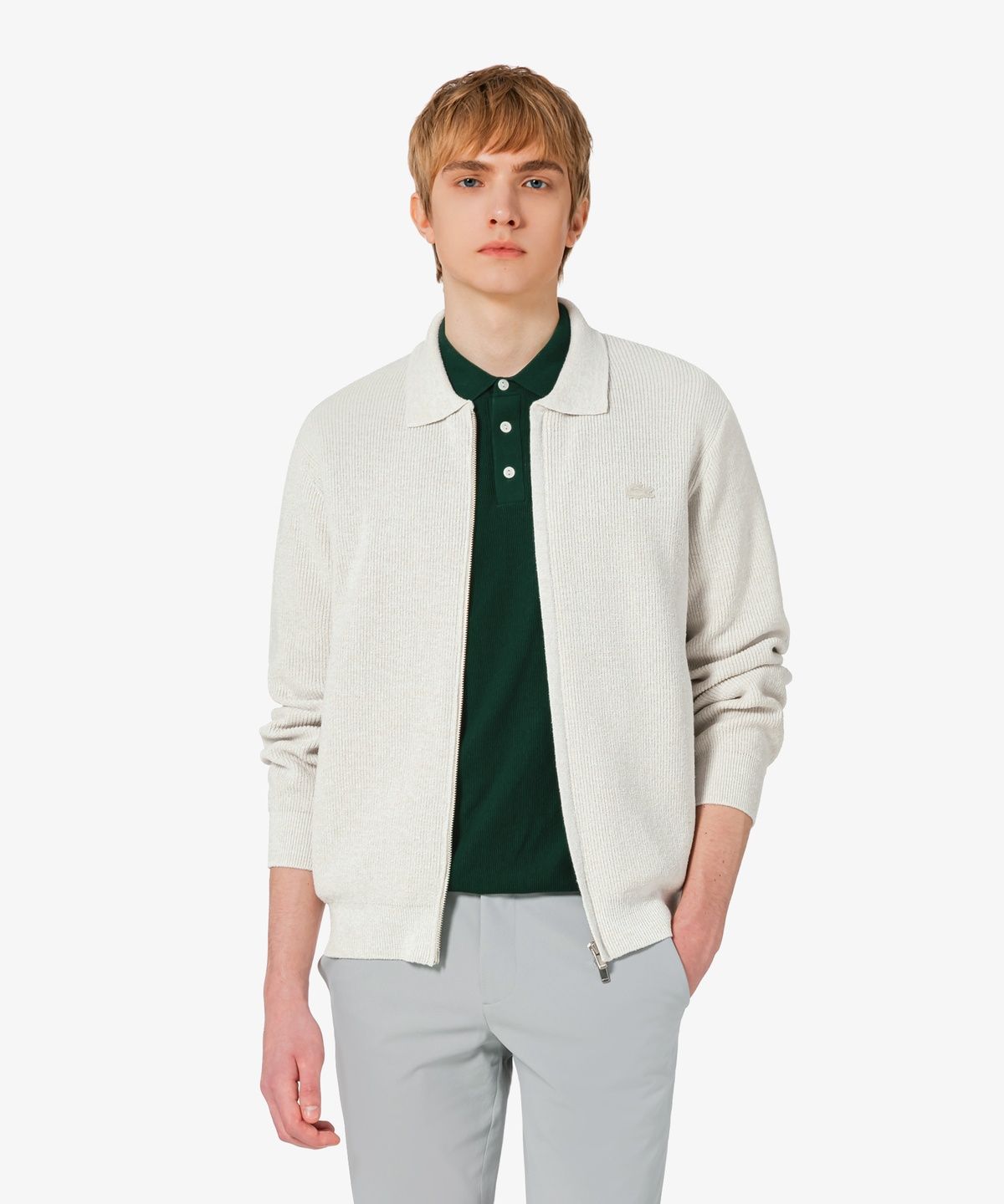 라코스테(LACOSTE) 남성 립조직 카라 집업 가디건 AH403E-56G S7G