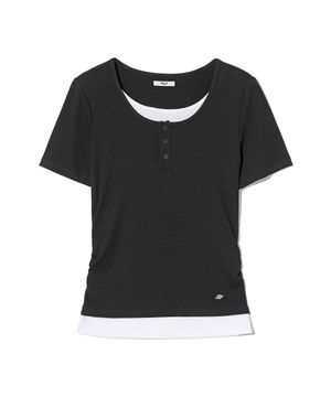 여성 레이어드 헨리넥 골지 티셔츠[BLACK](UC5STA6)