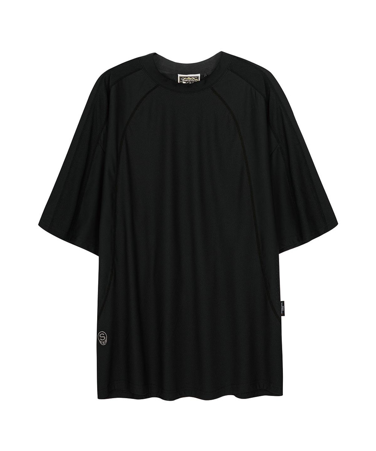 썸웨어 아웃사이드 하이킹 컴퍼니(SOMEWHERE OUTSIDE HIKING COMPANY) 오버사이즈 스마일 엠브로이더리 메쉬 티셔츠_BLACK