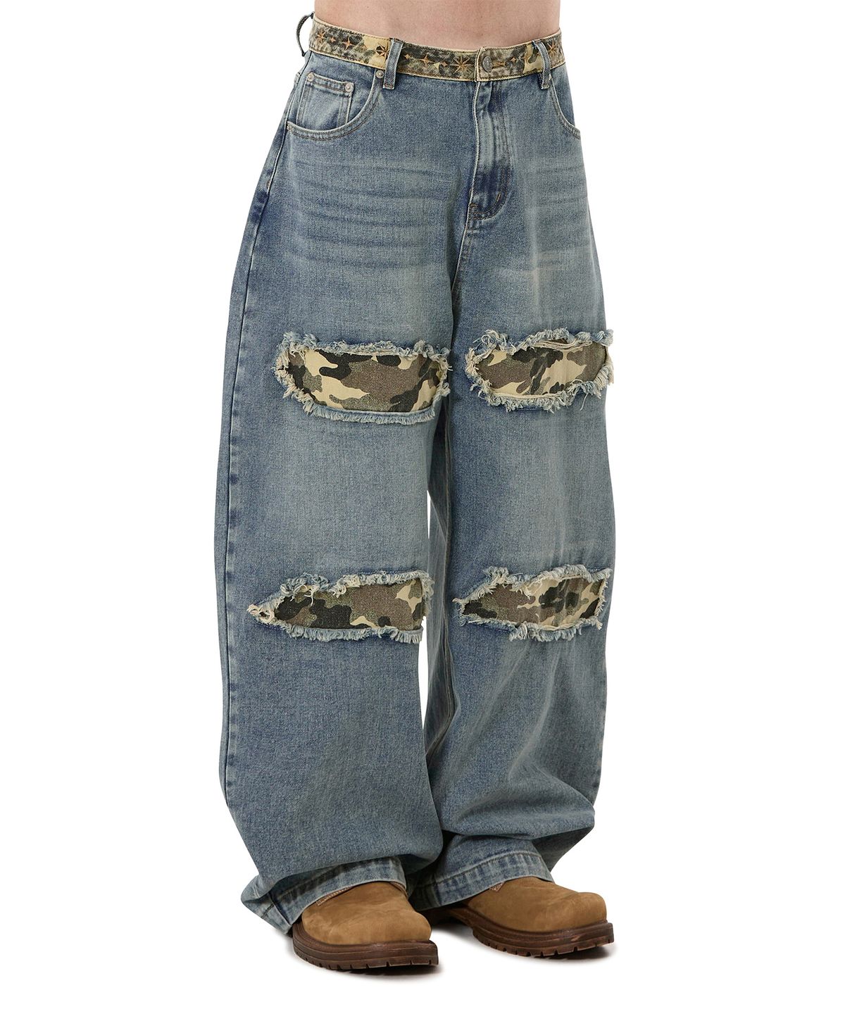 오픈야드(오와이)(OPENYARD(OY)) DENIM CAMO WIDE VOLUME PANTS - DEEP BLUE