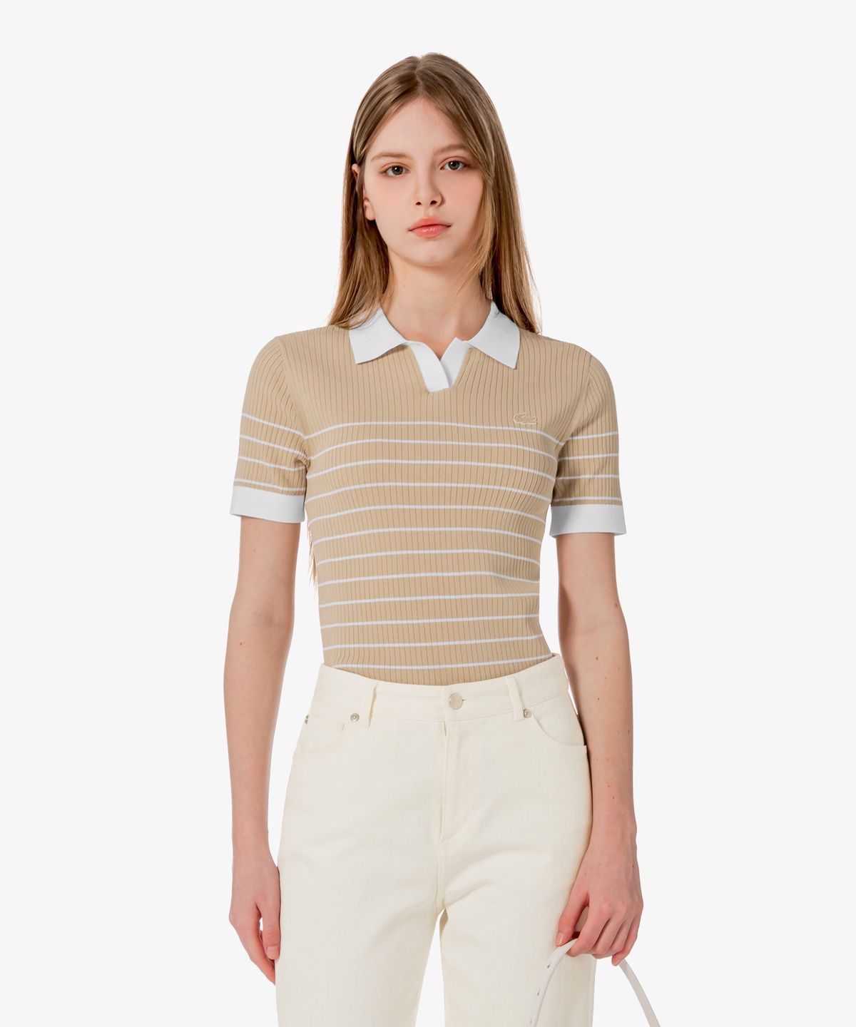 라코스테(LACOSTE) 여성 조직감 스트라이프 폴로 스웨터 AF230E-56G 02S
