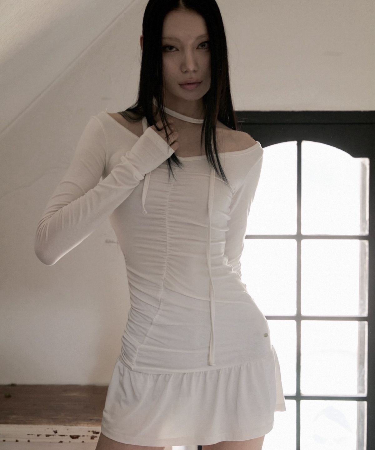 511비전(511VISION) AERIAL TIE SHIRRING DRESS , IVORY