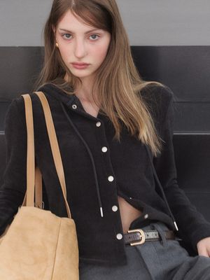 ARI FLEECE HOODIE CARDIGAN_CHARCOAL