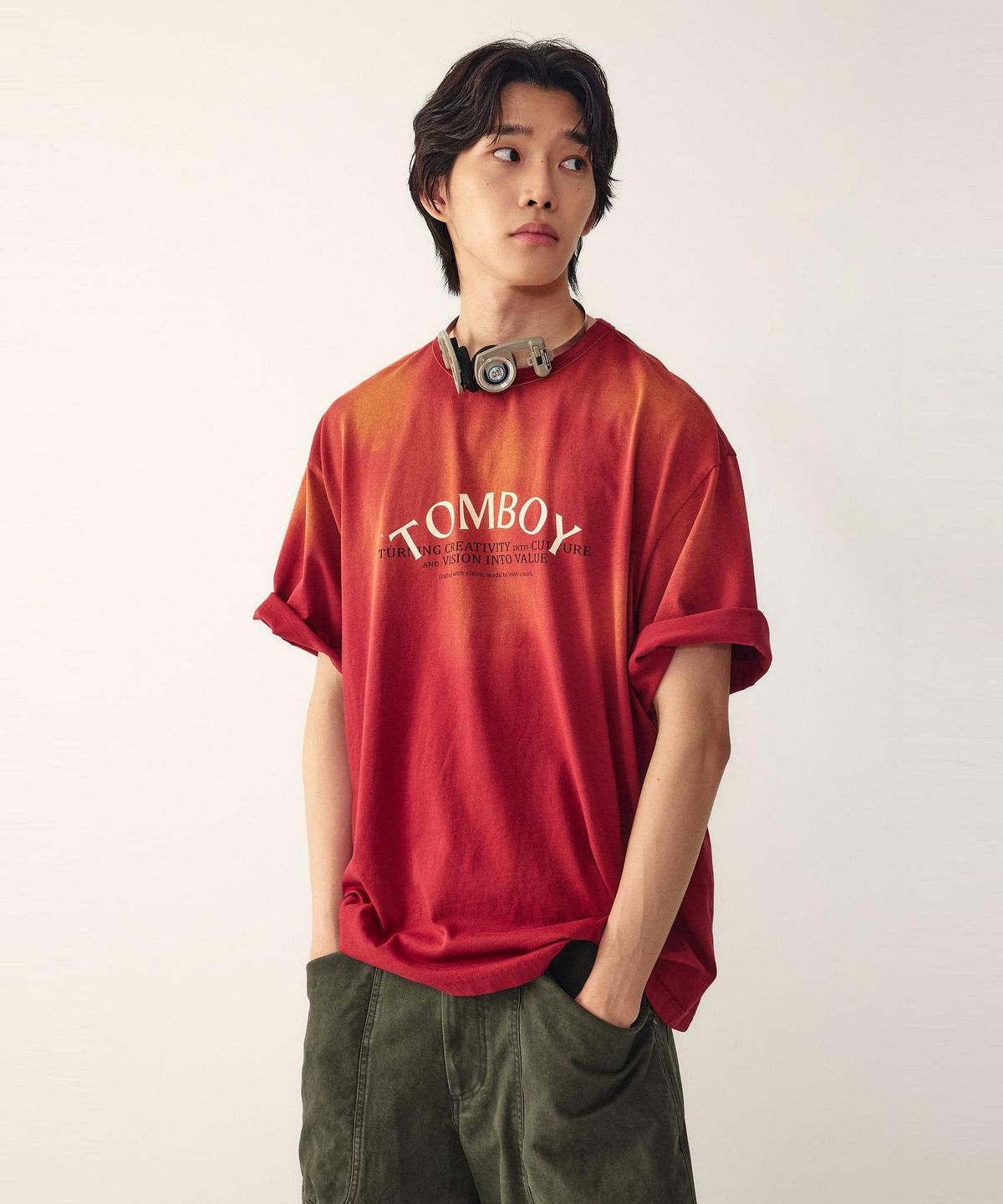 스튜디오 톰보이(STUDIO TOMBOY) [MEN] 스프레이 워싱 로고 티셔츠_레드 9156222214