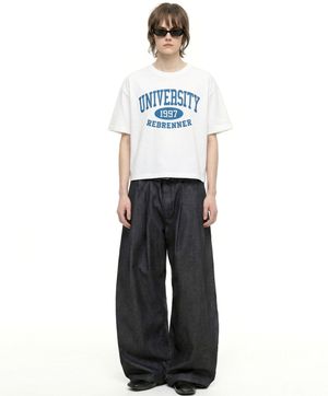 유니버시티 쿨코튼 크롭 반팔티셔츠 화이트 더스티블루