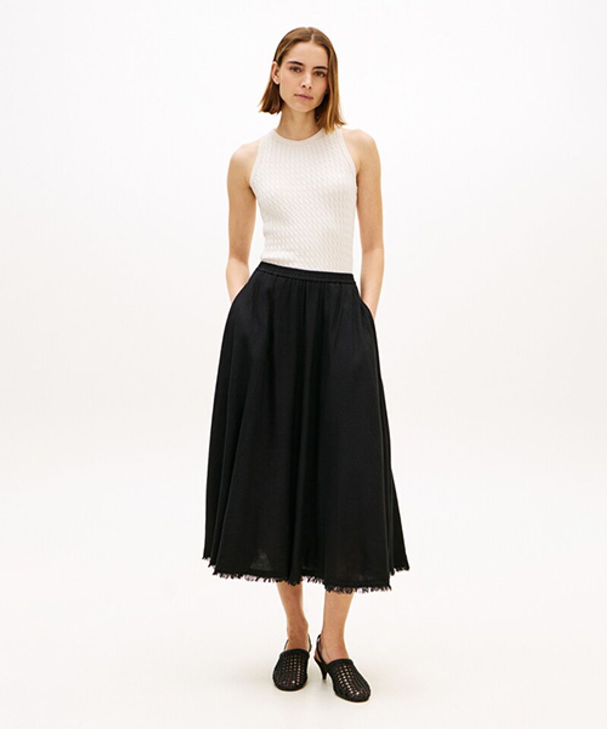 타미힐피거(TOMMY HILFIGER) 린넨 볼륨 미디 스커트 (T22G1WSC066WT1BDS)