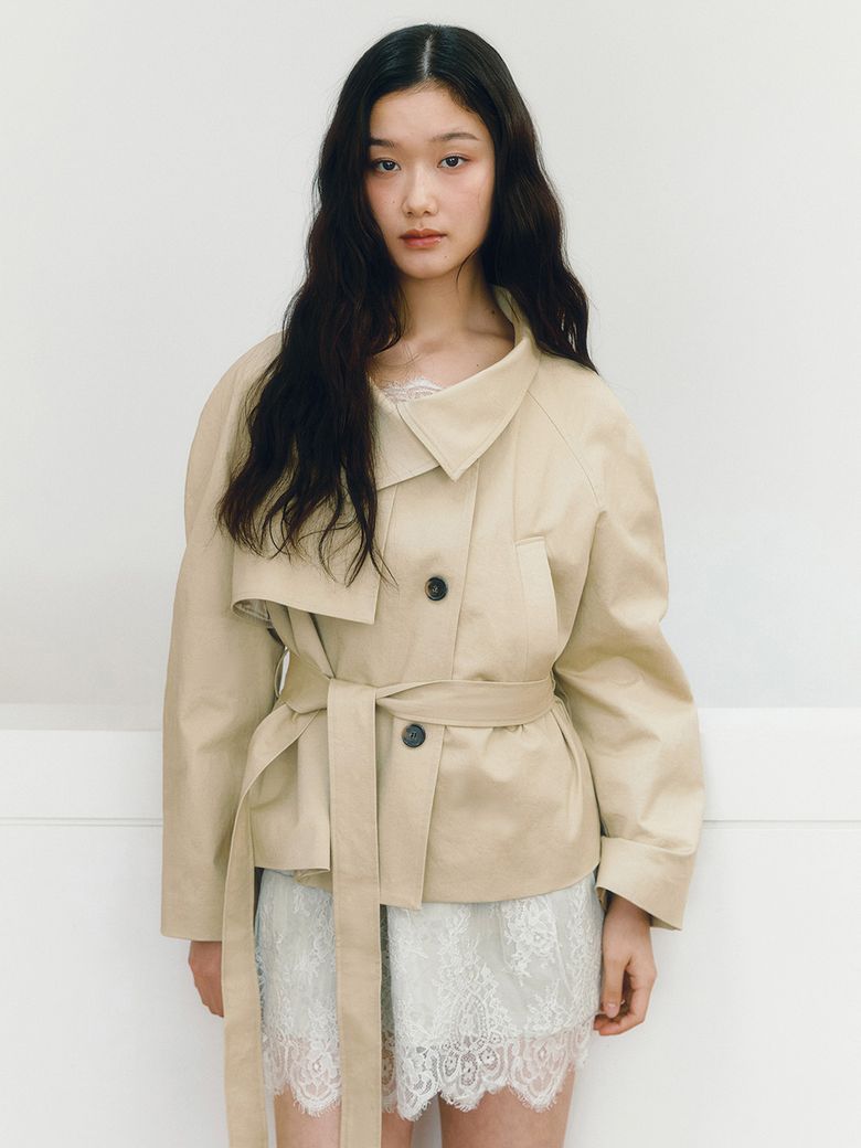 하이넥 숏 트렌치 코트_옐로 베이지