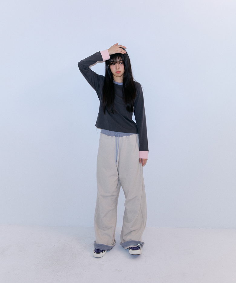 컷 라인 와이드 스웨트 팬츠 (Beige)