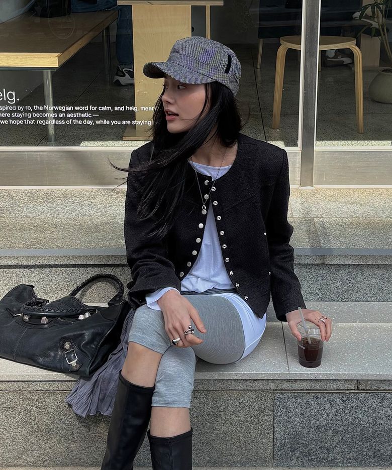 TWEED SNAP CROP JACKET-BLACK