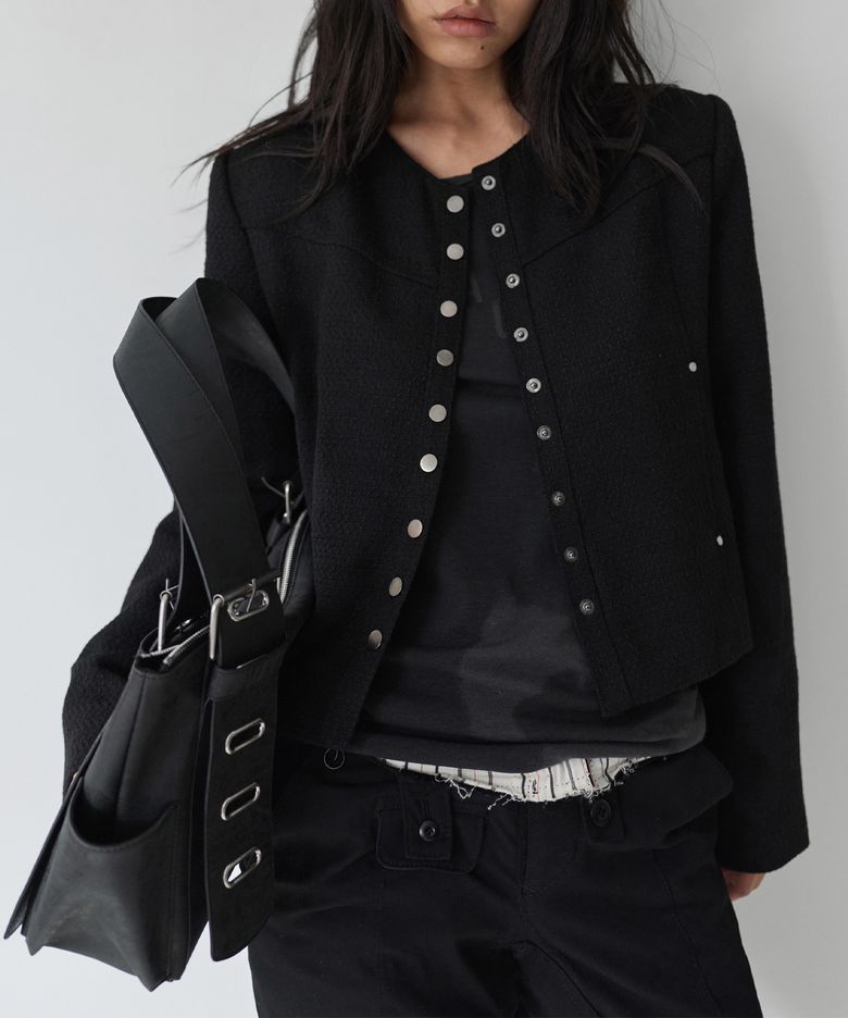 TWEED SNAP CROP JACKET-BLACK