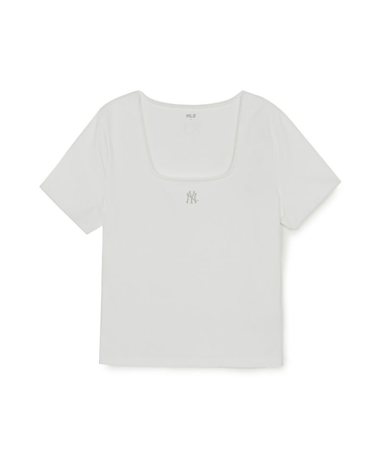 여성 베이직 레이스 스퀘어넥 슬림 세미크롭 반팔 티셔츠 NY (White)