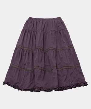 체크 배색 프릴 포인트 볼륨 플레어 캉캉 미디 스커트 [퍼플]