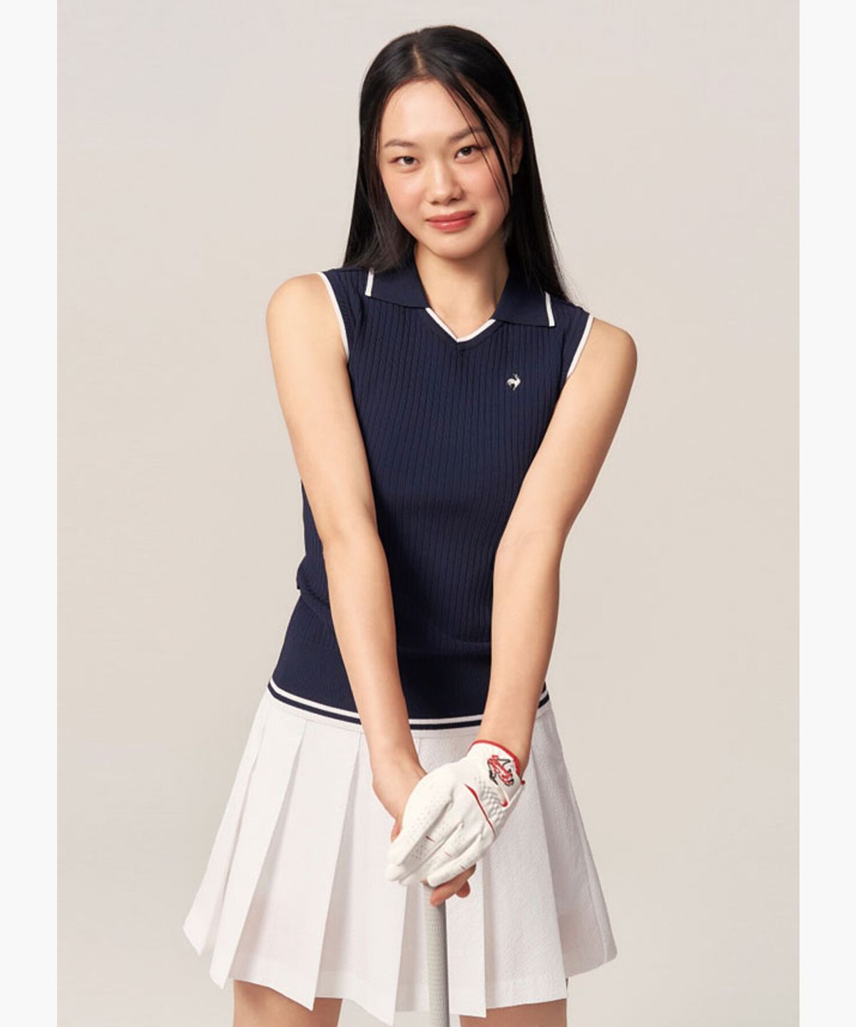 르꼬끄 골프(LECOQ GOLF) 여성 드라이 골지 슬리브리스 스웨터 _NAVY GR222LKP52