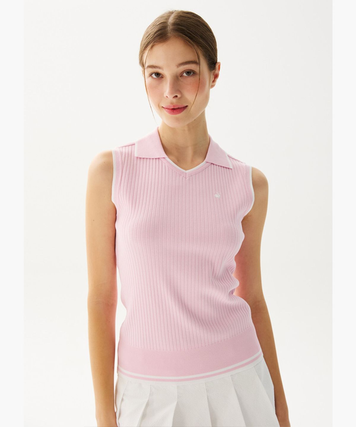 르꼬끄 골프(LECOQ GOLF) 여성 드라이 골지 슬리브리스 스웨터 _PINK GR222LKP52