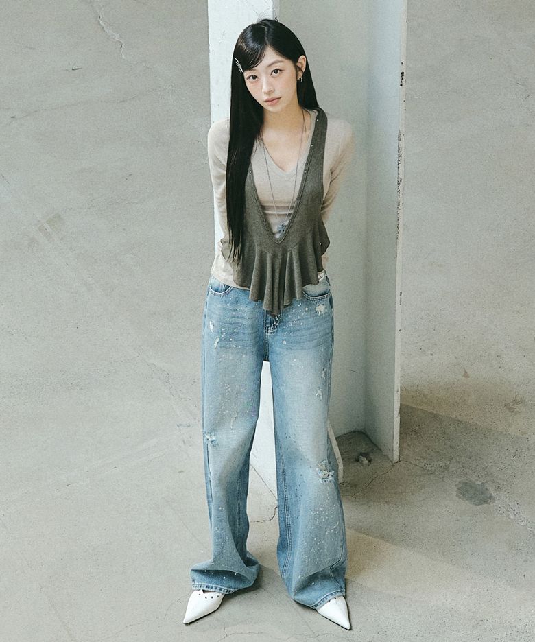 [이하은 PICK] DISTRESSED PAINT SPLATTER DENIM PANTS_BLUE