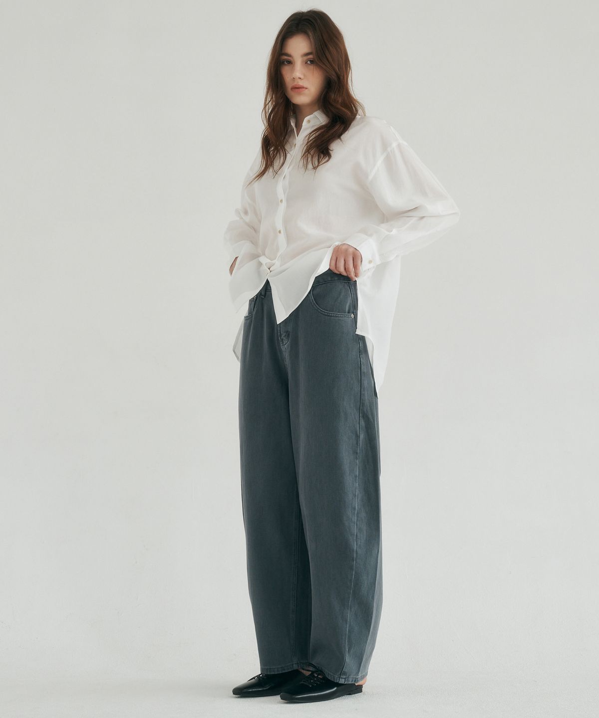 로시로우(LOSSYROW) Curved wide denim pants  blue charcoal