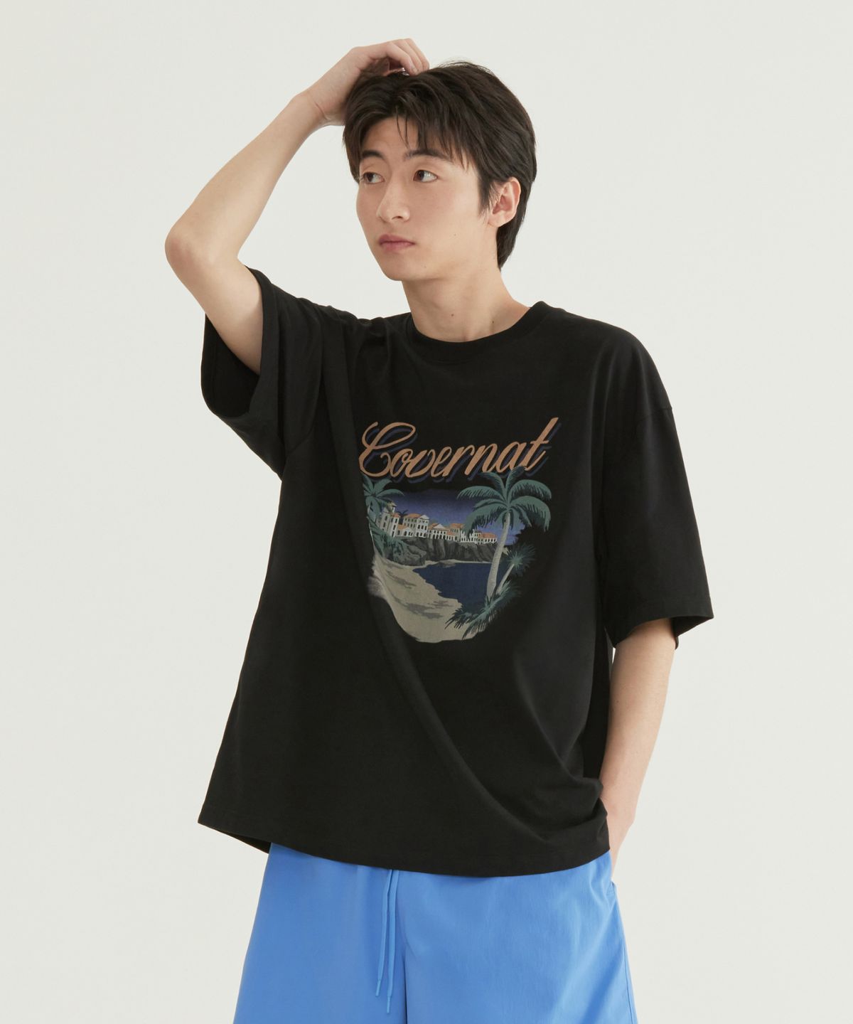 커버낫(COVERNAT) 쿨 코튼 트로피컬 그래픽 티셔츠 블랙