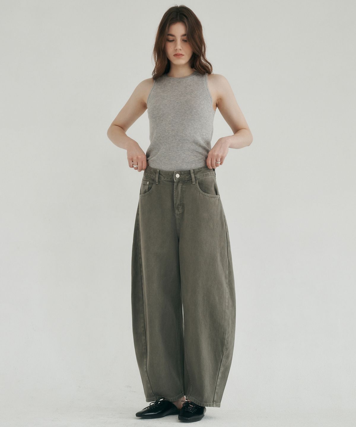로시로우(LOSSYROW) Curved wide denim pants khaki