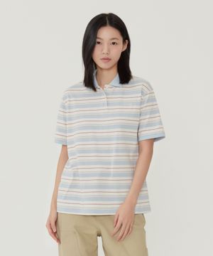 우먼 카라 스트라이프 티셔츠 더스티 블루