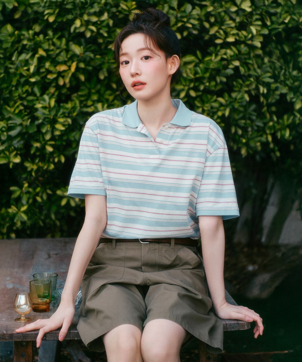 커버낫 우먼(COVERNAT WOMAN) 우먼 카라 스트라이프 티셔츠 더스티 블루