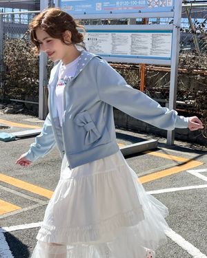 DOT SAILOR COLLAR RIBBON ZIP UP_ICY BLUE