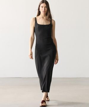 스트랩 린넨 미디 원피스