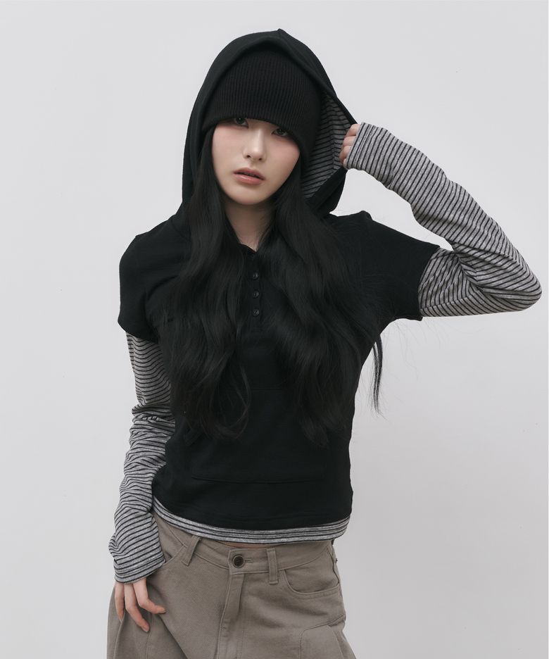 스트라이프 헨리넥 버튼 후드 긴팔티셔츠_블랙