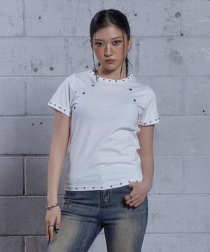 (DUC) Eyelet Stud Semi-Crop T-Shirt White