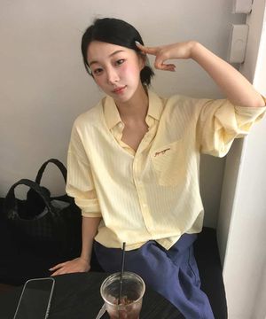 레터링 포켓 오버사이즈 스트라이프 셔츠 옐로우