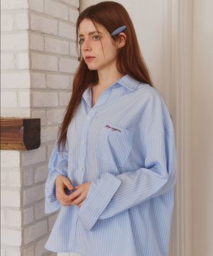 레터링 포켓 오버사이즈 스트라이프 셔츠 블루