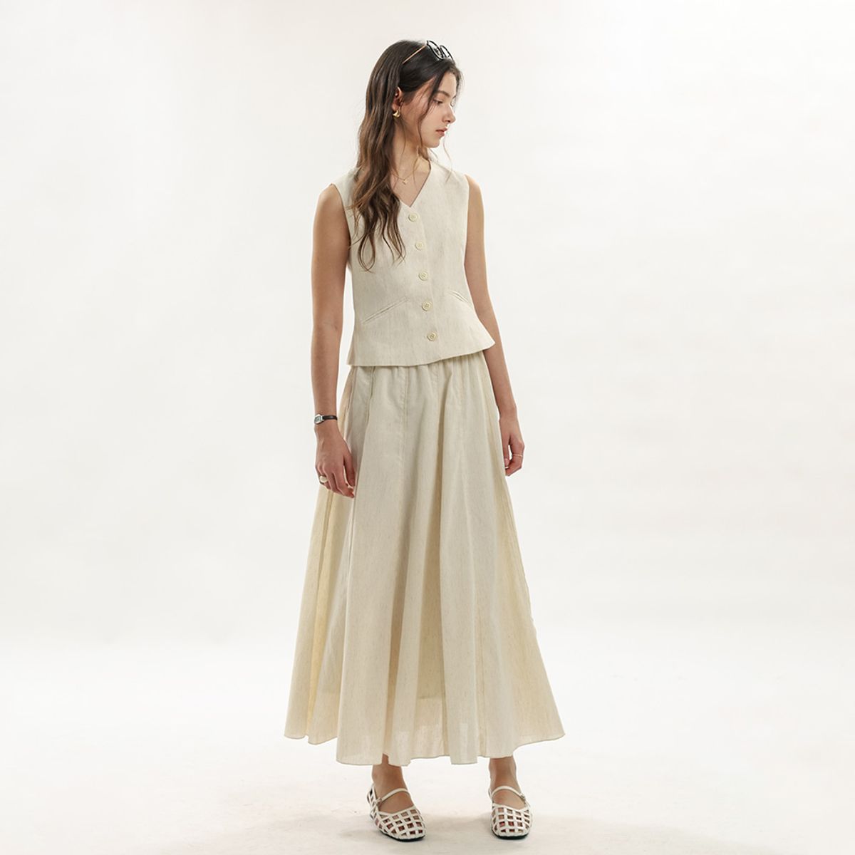 웬스데이딜라잇(WEDNESDAY DELIGHT) WD_Natural button vest skirt set_IVORY