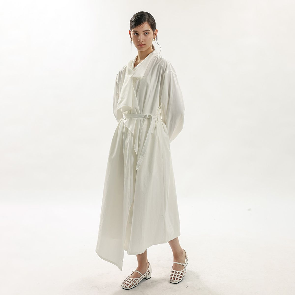 웬스데이딜라잇(WEDNESDAY DELIGHT) WD_Scarf tie shirt dress coat_WHITE