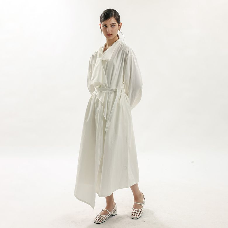 WD_Scarf tie shirt dress coat_WHITE