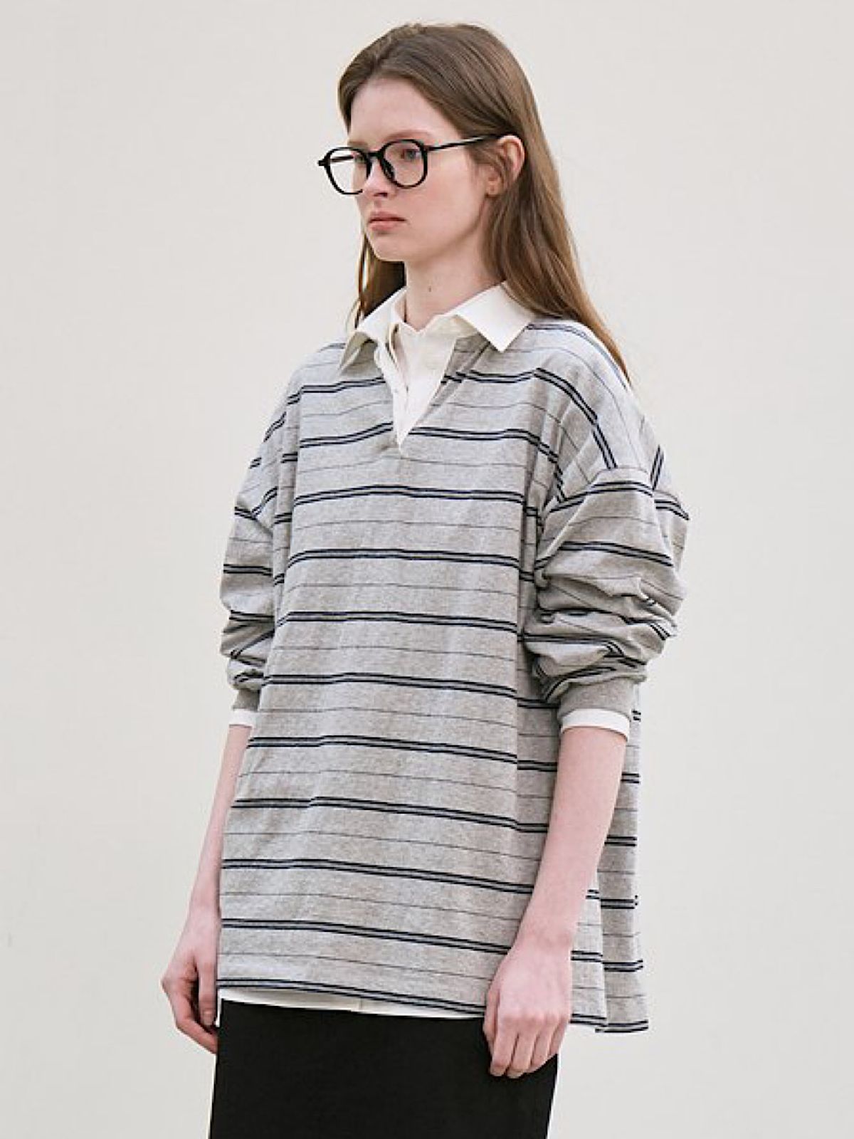 르(LE) stripe collared T-shirt (gray)