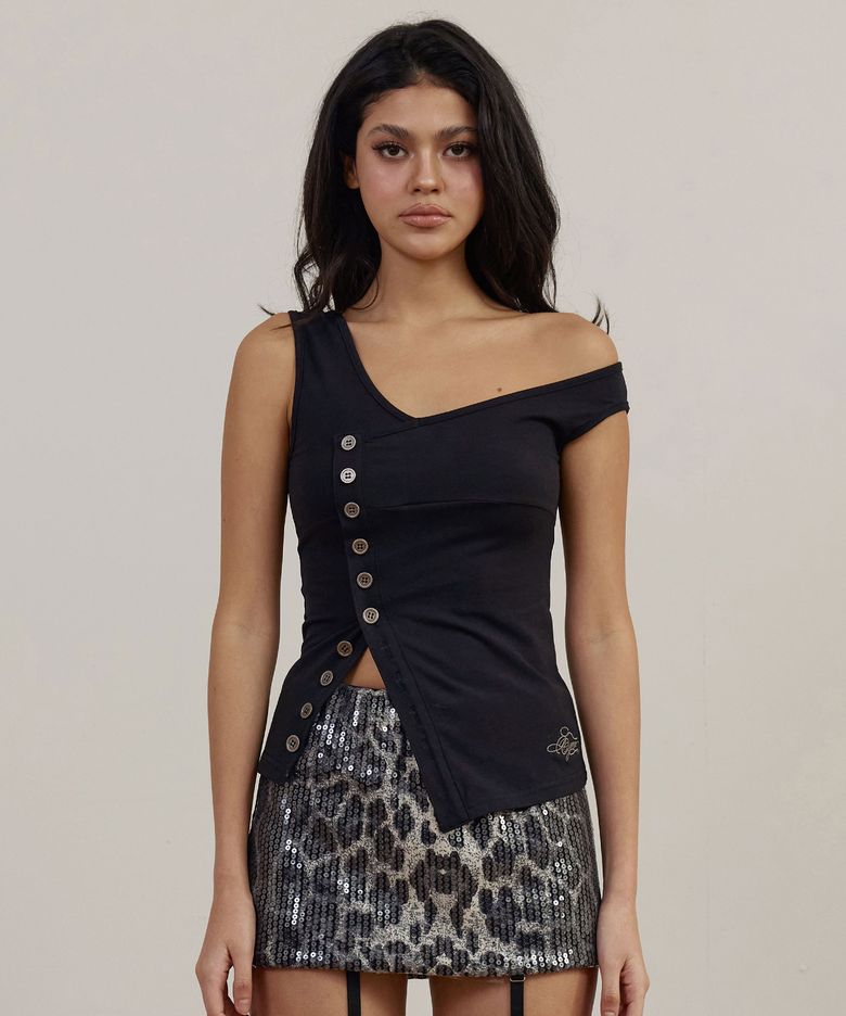 Script Logo Button One Shoulder Sleeveless - Black