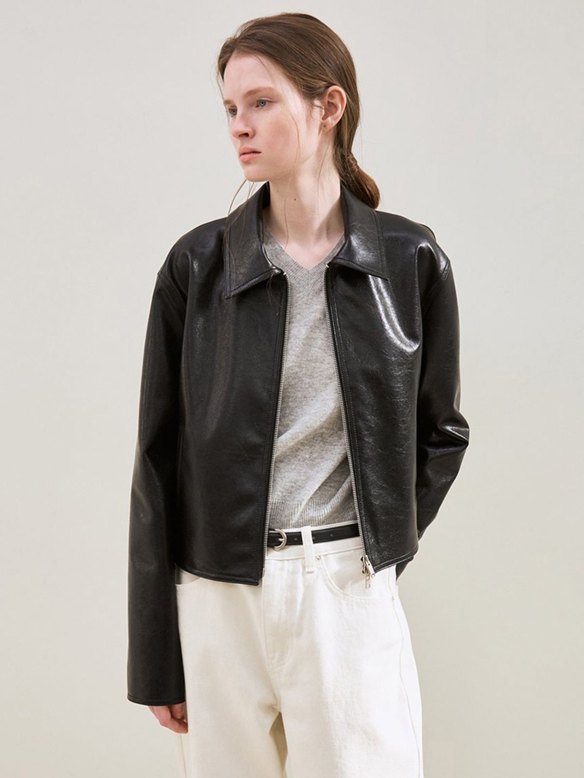 르(LE) faux leather minimal jacket (black)
