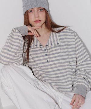스트라이프 하프집업 버튼 스웻셔츠 그레이
