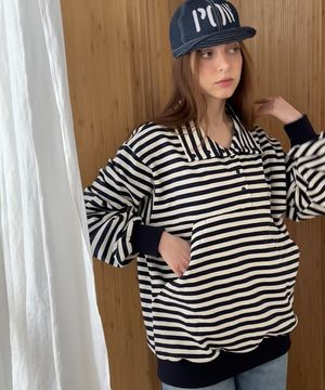 스트라이프 하프집업 버튼 스웻셔츠 네이비