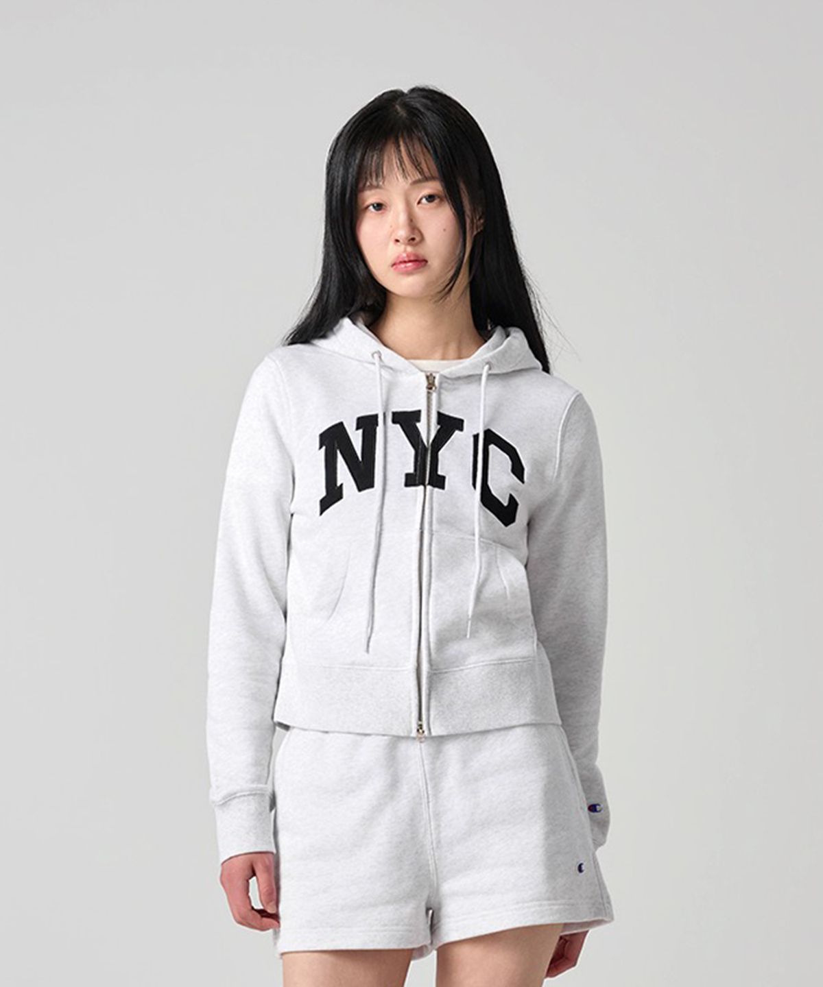 챔피온(CHAMPION) 여성 NYC 크롭 후드 집업 Light Grey