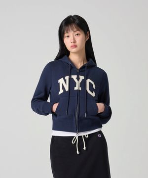 여성 NYC 크롭 후드 집업 Navy
