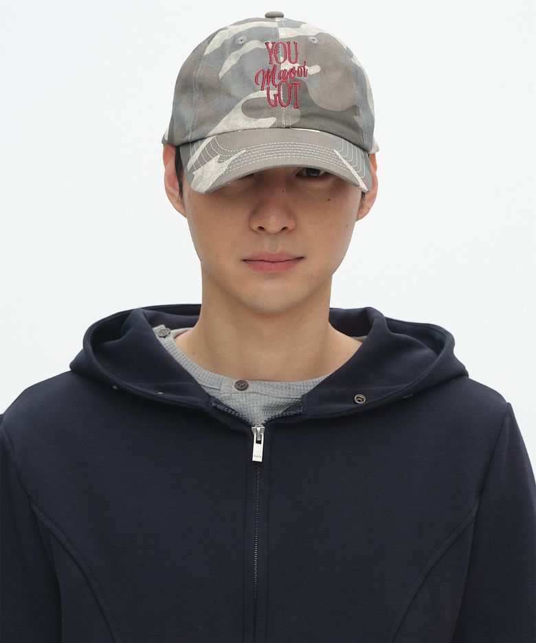 베이직 워시드 레터링 로고 밀리터리 카모 코튼 볼캡 [그레이]