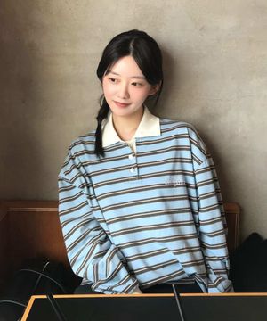 포터 로고 단추 카라 스웻셔츠 블루