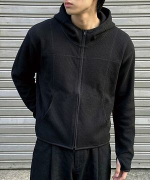 와플 크롭 핑거홀 집업 후드 블랙