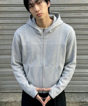 와플 크롭 핑거홀 집업 후드 그레이