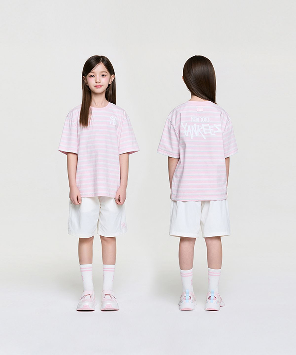 엠엘비 키즈(MLB KIDS) 스트릿 베이직 스트라이프 아트웍 티셔츠세트 NY (L.Pink)