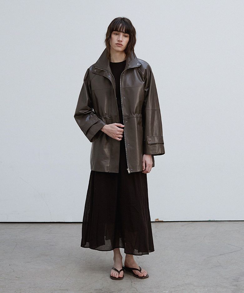 High-Neck Drawstring Half Jacket_Taupe Grey