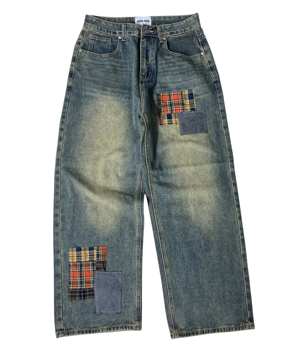 스케이터락(SK8ER ROCK) Patchwork Denim Wide Pants ((beige indigo))